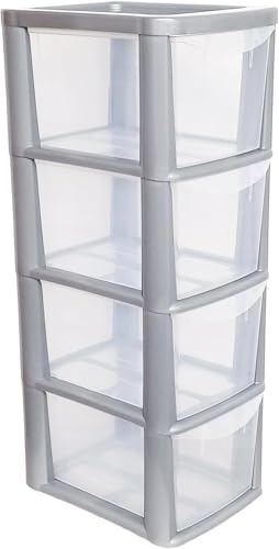 ALEEZ - 4 Drawer Plastic Storage Unit - Space Saving Multipurpose Medium Drawers - Clear Design Home Office Storage Durable Draws - Tabletop, Desktop Drawers - 62cm (H) x 19cm (W) x 25cm