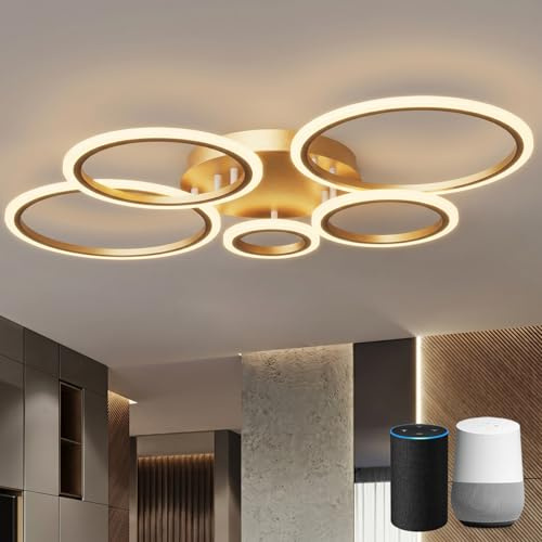 KeLuKes Modern Deckenleuchten 100cm, Deckerlampe 5-Ring-Design, Memory Funktion, Dimmbar Deckenleuchte für Schlafzimmer Wohnzimmer Küche Bücherzimmer, Gold