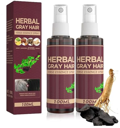 Lot de 2 sprays Herbal Gray Hair - Spray de soin pour cheveux à base de plantes - Après-shampoing foncé - Spray essence liquide pour cheveux gris, blancs à noirs