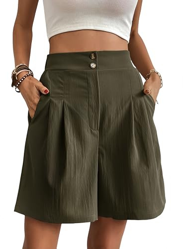 Belriviere Bermuda estivi da donna, pantaloni larghi a gamba larga, casual, a vita alta, alla moda, con tasche, Verde militare, S