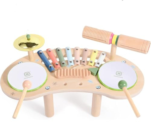 Asweets 7-i-1 barntrumset för småbarn, trä xylofon musikinstrumentset, lekset för småbarn, Montessori musikleksak trumslagarset för flickor och pojkar, födelsedagspresenter