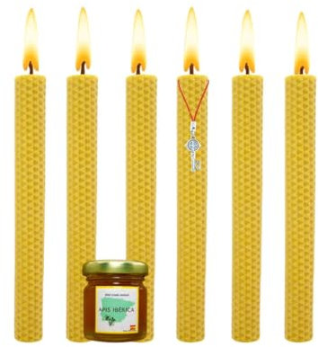 Bougies de miel 100 % cire d'abeille naturelle espagnole - Aromathérapie relaxante - 6 bougies - Durée 7 heures - Décoration écologique - Sans substances toxiques - Origine espagnole - Rituel magique