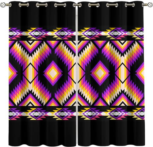 Kinder Gardinen Kinderzimmer Junge Mädchen Blickdicht Schwarzer Hintergrund Bunten Geometrischen Ethnischen Stil 234X230Cm 2Er Set Verdunkelungsvorhang Thermovorhang Hitzeschutz Vorhänge Wohnzimmer