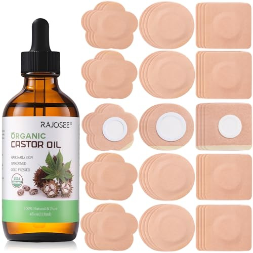 Rizinusöl Bauchnabelpflaster Set - 60 Stück Rizinusölpflaster in 3 Formen mit 113.4 g Bio kaltgepresster Rizinusöl Glasflasche - Einweg, auslaufsicher, hautfreundlich Rizinusöl Pack Wrap