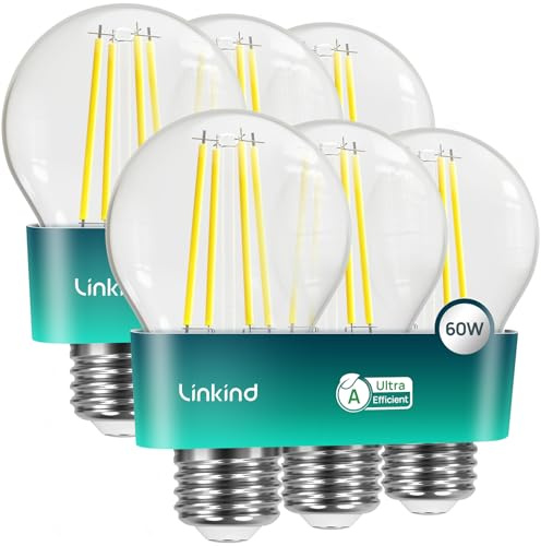 Linkind Ampoule LED E27 Vintage Ultra Efficace, 3,8W = 60W, 2700K Blanc Chaud, Classe Énergétique A, Filament A60 806 lm, Angle 320°, Verre Transparent, Lot de 6