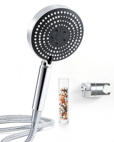 OFFO Pommeau de Douche avec Tuyau 1,6m et Support Anti Calcaire | Pommeau de Douche Filtrant 6 Modes, Économie d'eau, Douchette Douche Salle de Bain, Gris Chrome