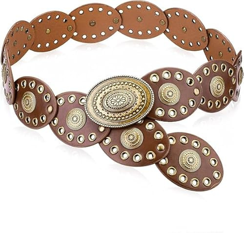 Rayakt Disc Belt for Women, PU Leather Western Belt, Vintage Waist Belt Boho Concho Wide Belt with Eyelets for Dresses Pants Jeans Skirts (Bronze Brown Disc, 41.3: Suit for waist size below 36)
