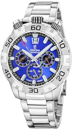 Festina Herrenuhr Chronograph aus Edelstahl 316L | Quarzuhr, Kalender, Widerstandsfähiges Glas, Wasserdicht 10 ATM, F20743/3, The Originals, Blaues Zifferblatt