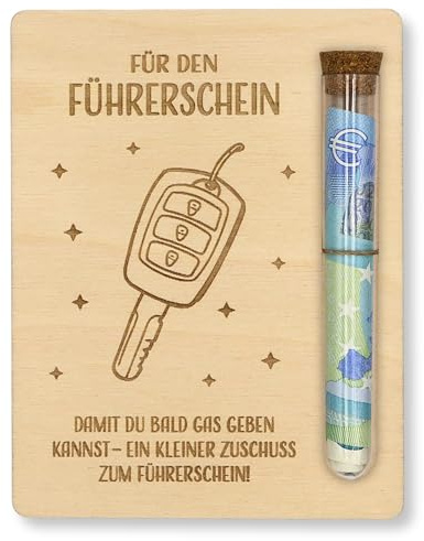 ZUKLA Verpackung für Geldgeschenke Führerschein Gutschein - 13 x 10 cm - mit Reagenzglas - Führerschein Geschenk - Geldgeschenk Verpackung Holz