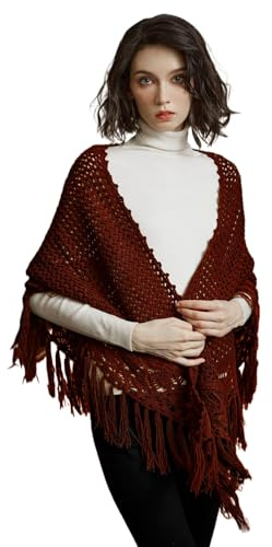 BEAUTELICATE Bufanda de punto para mujer, chal, bufanda triangular, cálida, tejido hueco, capa cárdigan, elegante pañuelo triangular, chal con flecos para otoño, invierno, primavera, rojo oscuro