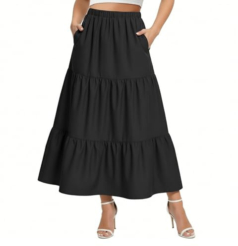 BSBUY Jupe Longue Jupe 2 en 1 Bohème pour Femme, Jupe d'Été Tour de Taille Elastique Taille Haute Plissée A Ligne Élégante Décontractée, avec Poches, pour Vacances Plage