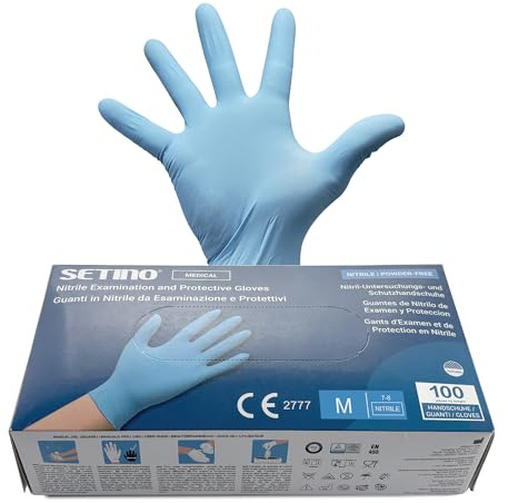 Setino - Guanti in Nitrile Monouso Blu da 3,5 g (100 pz), Senza Polvere e Lattice, Ipoallergenici, per uso Medicale, Estetica, Tattoo e Alimentare (M)