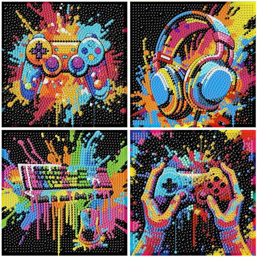 YarnWhimsy 4 Pack Diamond Art for Kids, Controller Diamond Art Kits Kids | Video Game Diamond Painting Kit Gem Crafts for Kid Teenage Boys Ages 7 8 9 10 12 for Gift Home Wall Decor (6x6 Inch)