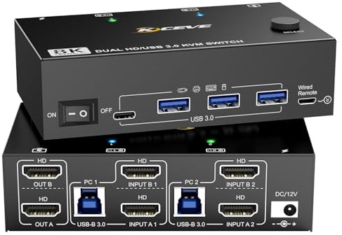 8K@60Hz 4K@120Hz KVM-switch 2 PCs 2 bildskärmar, HDMI Dual Monitor KVM-omkopplare med 4 USB 3.0-portar, inklusive kabelansluten fjärrkontroll och USB 3.0-kablar