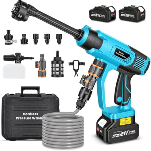 Idropulitrice a batteria da 100 bar, compatibile con batterie Makita da 18 V, con 2 batterie da 4,0 Ah, ugello 6 in 1, spruzzatore per schiuma, caldaia filtrante, tubo da 5 m per sbavature auto