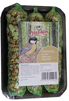 Pfiffikus Nussbeutel 3er Pack | Futterstange Nusszapfen auf Tray | Erdnussspender Vogelfutterspender zum Aufhängen | Wildvogelfutter für Sommer u. Winter | Erdnuss Meisenknödel Made in Germany