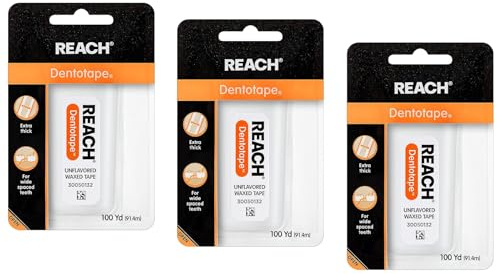 Reach Dentotape Waxed Dental Floss with Extra Wide Cleaning Surface for Large Spaces between Teeth, Unflavored, 100 Yards (Pack of 3)