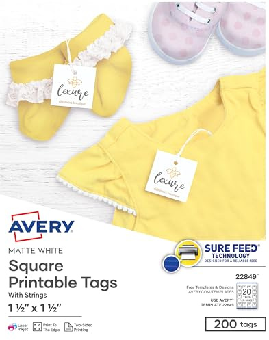 Avery Square Printable Tags, Sure Feed Technology, 1.5 x 1.5, White, Includes String, Laser/Inkjet Printable, 200 Total, Great for Branding, Gifts, Merchandising, and More (22849)