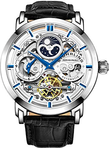 Stuhrling Original Herren Automatik-Selbstaufzug Luxuskleid Skeleton Dual Time Gold-Tone Armbanduhr 22 Jewels 47 mm Edelstahlgehäuse