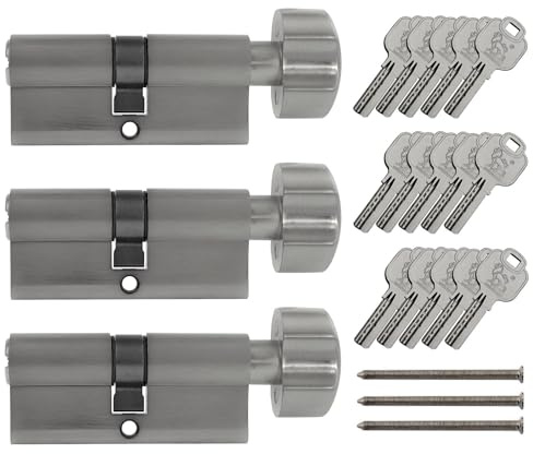 Löwen Sicherheitsschloss 3x Zylinderschloss 60 mm gleichschließend mit Knauf KD (mit Not- und Gefahrenfunktion) inkl. 15 Wendeschlüssel (30x30 mm)