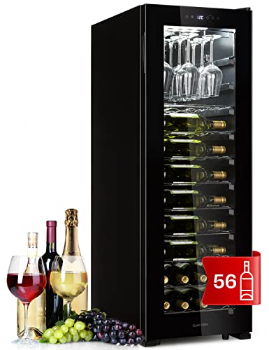 Klarstein Weinkühlschrank, Getränkekühlschrank Schmal, 1 Zone Kühlschrank mit Glastür, Getränkekühlschränke Freistehend, Weinkühlschrank Klein, Weinkühlschränke mit UV-Schutz, 5-20 °C, 56 Flaschen