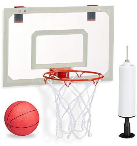 Relaxdays Basketballkorb fürs Zimmer, im Set mit Ball und Luftpumpe, Backboard zum an die Tür hängen, ohne Bohren, mehrfarbig