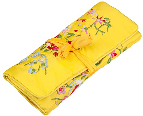 TUMBEELLUWA Embroidery Travel Jewelry Bag Roll Embroidered Flower and Bird Brocade Organizer with Tie Close, Yellow