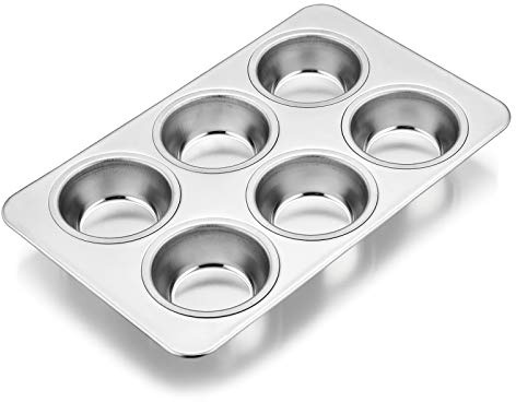 E-far Stainless Steel Muffin Pan, 6-Cup Cupcake Pan Tin for Baking, Metal Muffin Pan Tray Mold, Non-Toxic & Healthy, Oven & Dishwasher Safe, Regular Size - 11.44 x 7.12 x 1.25 Inch