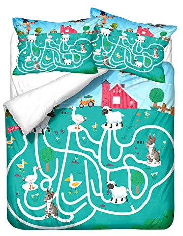 HNHDDZ 3D Animals Map Maze Blue Bedding set Elephant Dinosaur Lion Penguin Dolphin Horse Shark Beaver Rabbit Cat Duvet Cover and Pillowcase Microfiber Kids (Style 3, Single 135x200 cm)