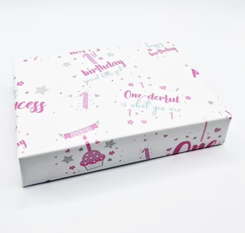 Geschenkpapier zum 1. Geburtstag, Mädchen, 2 Bögen + 2 Geschenkanhänger, süßes Geburtstagsgeschenkpapier, Weiß und Rosa (AWU)