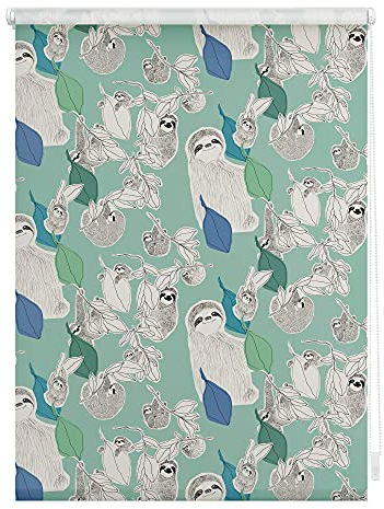 Lichtblick Klemmfix Tageslicht-Rollo mit Motiv, ohne Bohren, Blickdicht, Seitenzugrollo, Made in Germany, Julia Schumacher Sloths on Turquoise - Grün 60 cm x 150 cm (B x L)