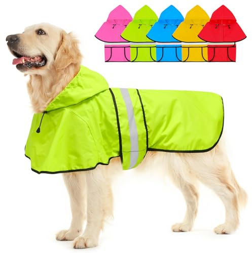 Dolitego Hooded Dog Raincoat - Reflective Waterproof Rain Jacket for Small Medium Large Dogs, Lightweight with Adjustable Straps, Large, Green