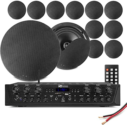 Power Dynamics Multi Room Ceiling Speaker System PV260BT Bluetooth Amplifier with 12x NCSS8B Black Ceiling Speakers – Complete Home Audio Speaker Kit