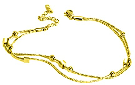 Kim Johanson Edelstahl Damen Fußkettchen *Cube* in Gold | Fußkette mit 6 beweglichen Kugeln | Rostfrei & Wasserfest | Fußband mit Quadraten | Frauen Boho Schmuck | Verstellbar inkl. Schmuckbeutel