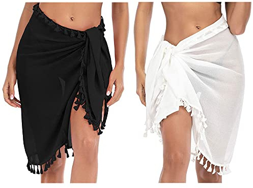 CINY 2 Pcs Femmes Beach Wrap Sarongs Cover Up Wrap Écharpe Beachwear Jupes avec Gland Mousseline de Plage Multifonctionnel Châle Maillot de Bain Bikini pour Femmes Filles