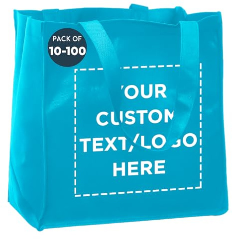 DISCOUNT PROMOS Custom Reusable Cloth Grocery Shopping Tote Bags Set of 10/50/100, Personalized Bulk Pack - Foldable, Washable, Shopper Bag - Sky Blue
