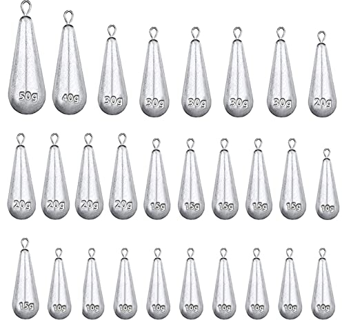 Roosea 28 Stück Tropfenform Angelgewichte Kit - Sinker Set für Das Angeln im Freien - Blei Drop Shot Set 10G/15g/20g/30g/40g/50g