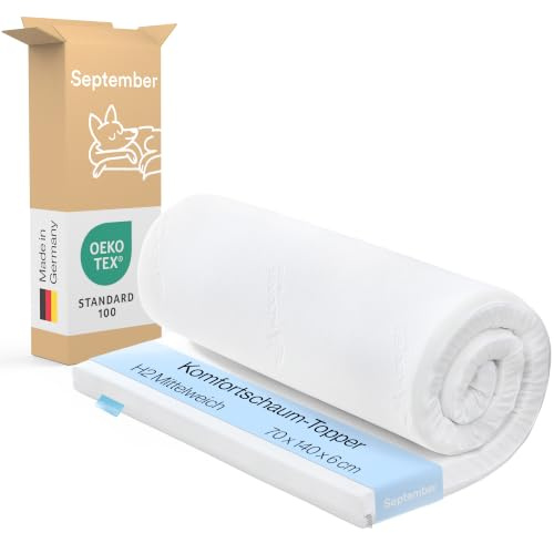 September – Topper 70x140 cm Komfortschaum mit 6 cm Höhe – Matratzenauflage mittelweicher Härtegrad H2/H3 für Matratzen, Boxspringbetten etc. – Oeko-TEX® Standard 100 zert. – Bezug bei 60°C waschbar