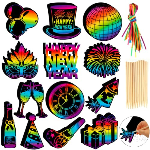 HOWAF 36 Stück Silvester Spiele Kratzbilder für Kinder Erwachsene, Happy New Year Kratzpapier Feuerwerk Neujahrskarten für Neujahrsgeschenke, Geschenke Silvester Deko 2027