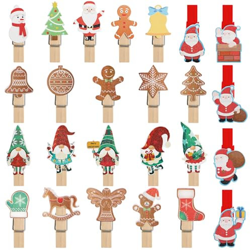 BOFUNX 50 Stücke Weihnachtsklammern Holz Mini Weihnachten Holzklammern Wäscheklammern Dekoklammern für Adventskalender Geschenk Fotos