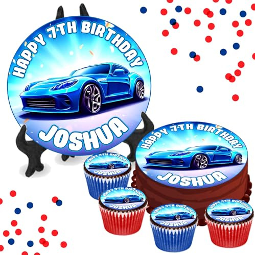 Blue Sports Car Kids Party 8 Inch Cake or Cupcake Icing Toppers - Birthday Cake Decorations Perfect For Cakes Brownies Cookies Muffins & More! (35 x Circle Cupcake Toppers (3.5cm x3.5cm))