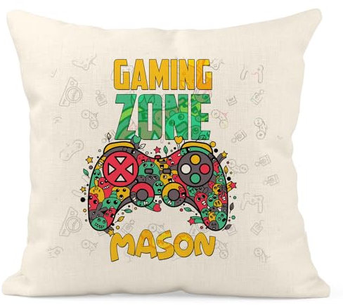 EnvyFone Personalised Gaming Zone Cushion Cover - Video Games Controller - Bedroom Accessories Cute Room Decor Gift for Boys or Girls - Pillow Case