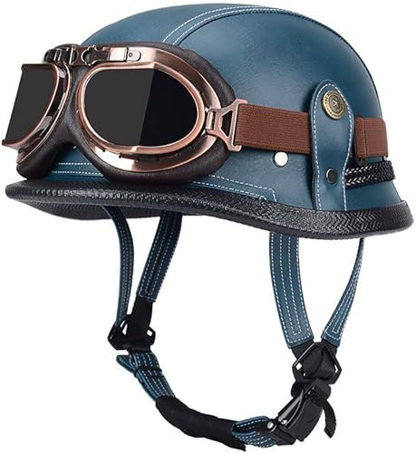 RCGNR Halbschalenhelm ECE Zertifiziert, Jethelm Retro, Vintage Motorrad Helm, Scooter-Helm, Offenem Helm, mit Brille Halbhelm für Männer Frauen,Blau,M