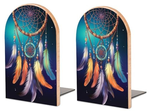 2 Stück Buchstützen aus Holz, Bunte Buchstützen mit gefiederten Traumfängern für Regale, rutschfeste Buchstützen für Büro, Zuhause und Küche, Buchstützen zum Aufbewahren von Büchern, 12,7 x 7,6 cm