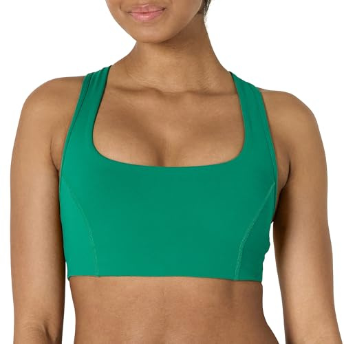 Amazon Essentials Women's Active FormFlex Buttery Soft Light Support Square Neck Racerback Sports Bra, Emerald Green, Large