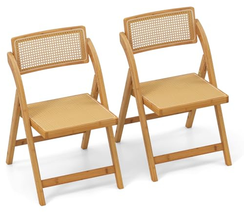 COSTWAY Esszimmerstühle klappbar 2er Set, Klappstühle Rattan, Küchenstühle aus Bambus, Esstisch Stühle mit 360° drehbarer Rückenlehne, Essstühle für Esszimmer, Küche