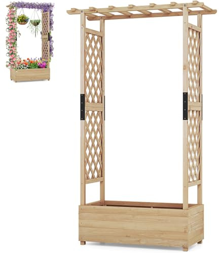 GiantexUK Raised Garden Bed with Arch Trellis (Natural, 110x44x180cm) | Wooden Garden Planter Box with Drainage Holes, Climbing Plants Vines Vegetables Herbs Flower Pots Grow Box
