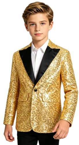 Sxiwei Boys Sequin Blazer Kids Glitter Jacket Shiny Tuxedo Coat for Wedding Party Dance Performance Stage Costume Gold 11-12 Years