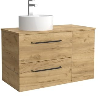 Cygnus Bath Mueble de Baño MORAI Plus 90cm Roble | Lavabo sobre encimera Porcelana Lado Reversible 1P