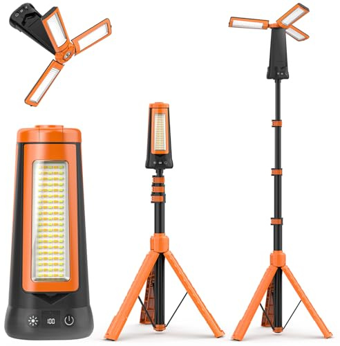 Adewalk 15000mAh Projecteur de Chantier LED Rechargeable avec Trépied, 5500LM Lampe de Camping à 3 Têtes, Étanche IP65, 5 Mode, Lampe de Travail Réglable pour Atelier, Garage, Construction(Orange)